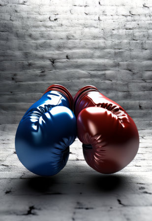 Red and blue boxing gloves in front of a white brick wall.の素材