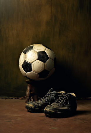 Soccer ball and shoes on a wooden background. vintage style.の素材