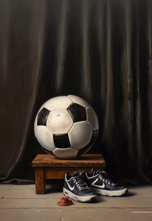 Soccer ball and shoes on the wooden table with dark curtain backgroundの素材