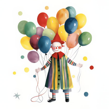 Funny clown with colorful balloons. Hand drawn watercolor illustration.の素材