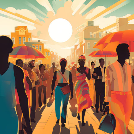Crowd of people walking in a city street. vector illustration.の素材