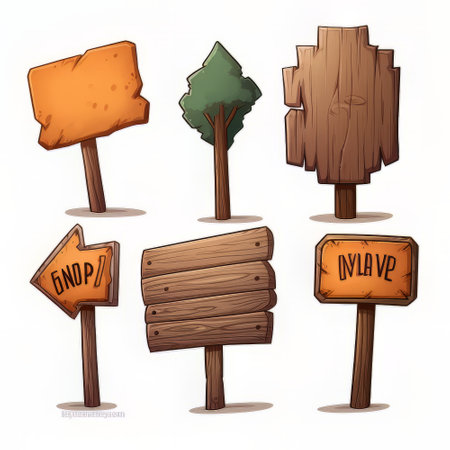 Wooden signs set isolated on white background. Vector cartoon illustration.の素材