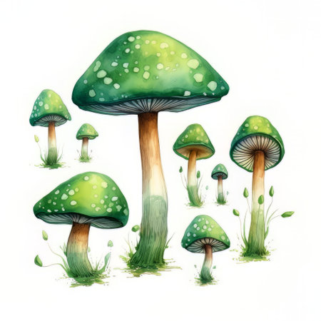 Mushrooms on white background. Watercolor hand drawn illustration.の素材
