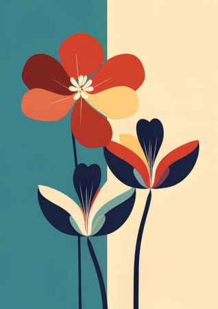 Flowers in retro style on blue and yellow background. vector illustration.の素材