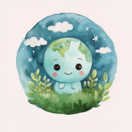 Cute kawaii earth planet in the grass. Watercolor illustration.の素材