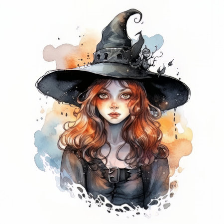 Watercolor illustration of a witch with red hair in a black hat. Halloween.の素材