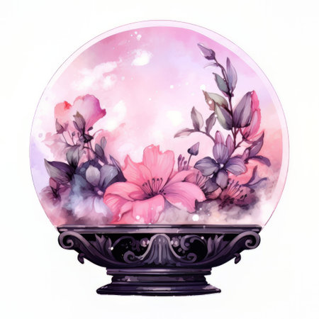 Magic crystal ball with flowers. Watercolor illustration isolated on white background.の素材