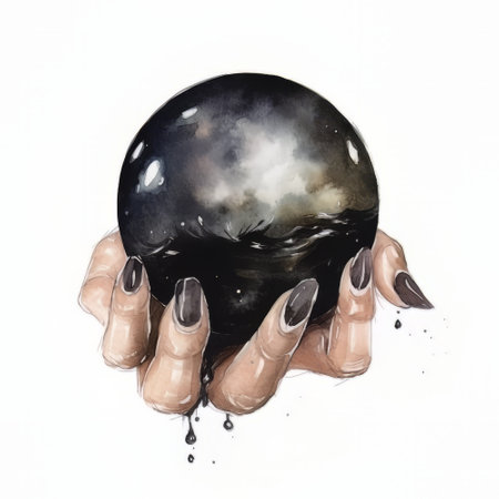 Female hand with black nail polish holding a black crystal ball on white backgroundの素材