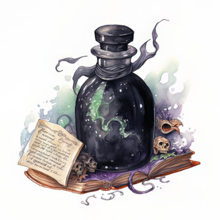 Magic potion in a bottle with a magic book. watercolor illustrationの素材