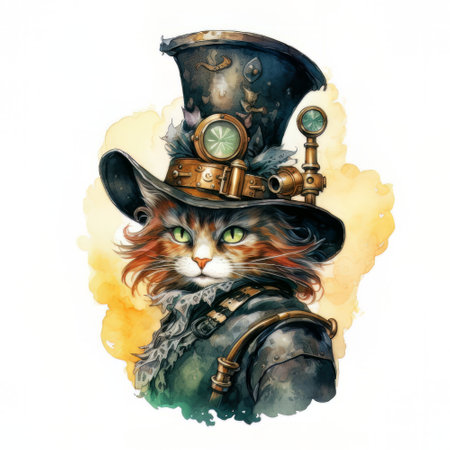 Watercolor illustration of a cat in a steampunk hat on a white background.の素材