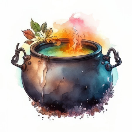 Watercolor illustration of a cauldron with boiling water and smoke.の素材