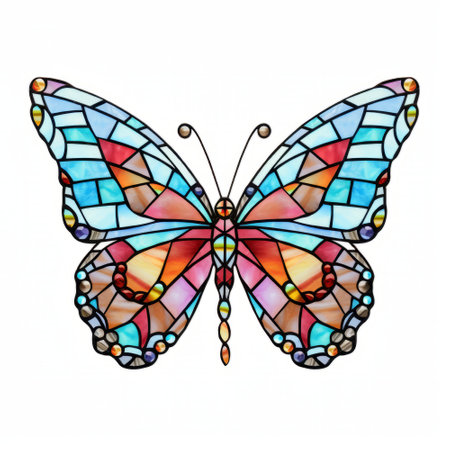 Illustration in stained glass style with butterfly, isolated on white backgroundの素材