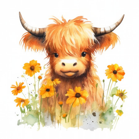 Watercolor illustration of a cute bull with yellow flowers, isolated on white backgroundの素材