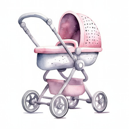 Watercolor illustration of a pink baby carriage isolated on white background.の素材