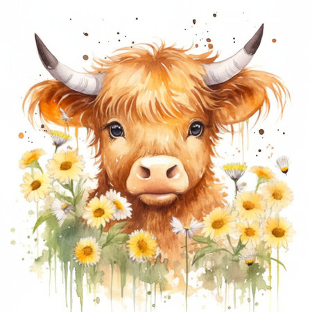 Watercolor portrait of a cute cow with flowers on a white backgroundの素材