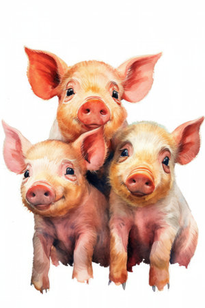 Three pigs isolated on white background. Watercolor illustration of a pig family.の素材