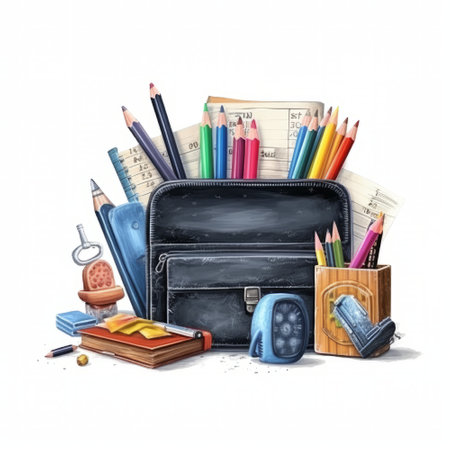 Back to school concept. School supplies and black leather bag isolated on white backgroundの素材