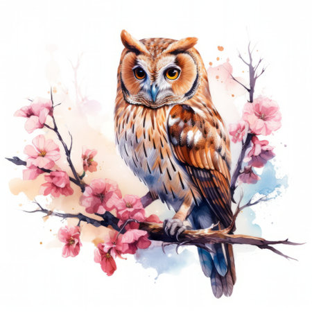 Watercolor illustration of an owl sitting on a branch of sakuraの素材