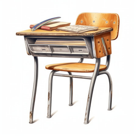 Wooden school desk with books and a book on a white backgroundの素材