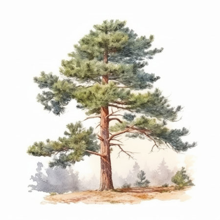 Pine tree in the forest. Hand drawn watercolor illustration.の素材