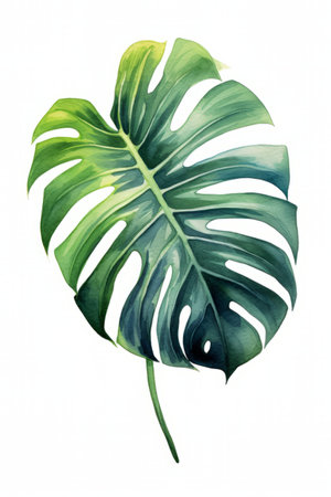 Watercolor monstera leaf on white background. Hand drawn illustration.の素材