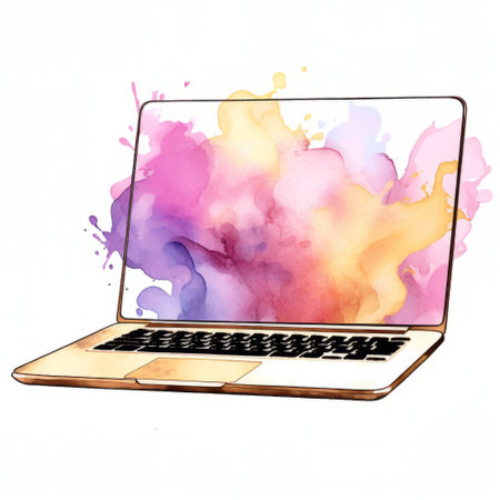 Laptop with watercolor paint splashes isolated on a white backgroundの素材