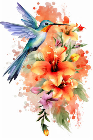 Beautiful watercolor vector illustration of a hummingbird and flowers.の素材