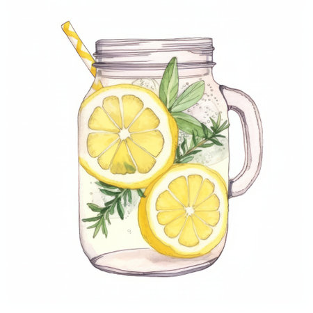 Watercolor lemonade in a mason jar. hand drawn illustrationの素材