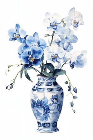 Blue orchid in vase isolated on white background. watercolor paintingの素材
