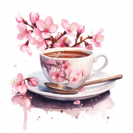 Cup of tea with cherry blossom. Watercolor illustration.の素材