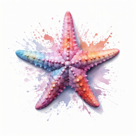 Watercolor starfish on white background with watercolor blots.の素材