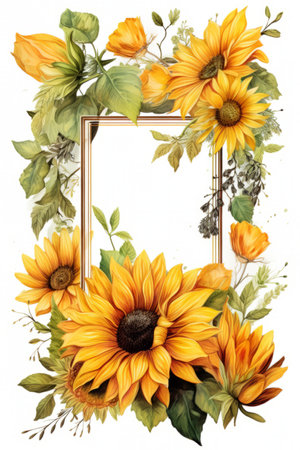 Frame with sunflowers and leaves isolated on white background. Watercolor painting.の素材