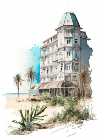 Watercolor illustration of a hotel on the beach with palm trees.の素材