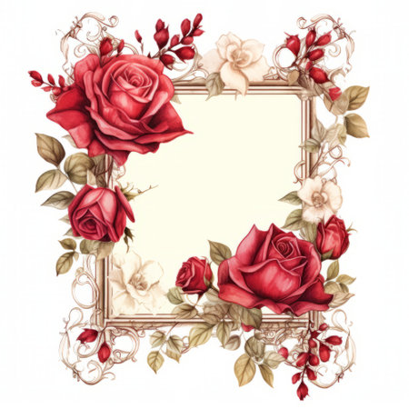 Watercolor floral frame with red roses, leaves and berries on white backgroundの素材