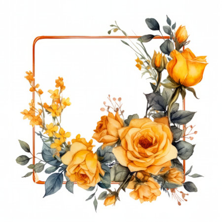 Beautiful vector watercolor floral frame with orange roses on white backgroundの素材