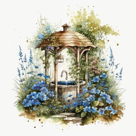Watercolor illustration of a well in the garden with blue flowers.の素材