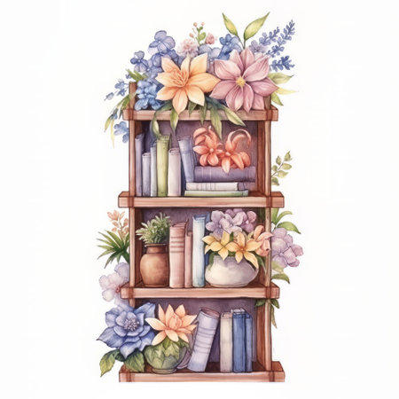 Watercolor bookshelf with flowers and plants. hand drawn illustrationの素材
