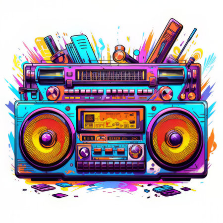 Vector illustration of a colorful boombox on white background. music concept.の素材