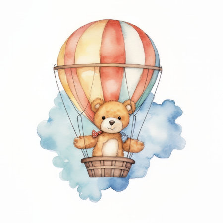 Cute teddy bear in a hot air balloon. Watercolor illustration.の素材