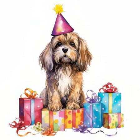 Cute Shih Tzu puppy with birthday hat and gifts on white background.の素材