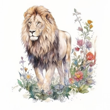 Watercolor illustration of a lion with flowers. Isolated on white backgroundの素材