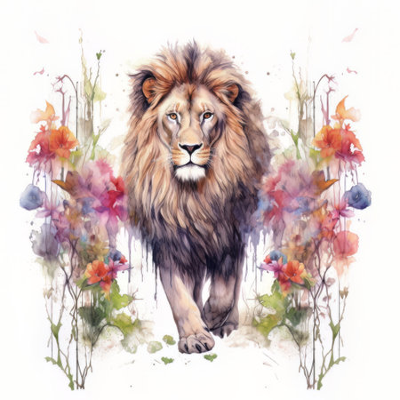 lion in wild flowers. Watercolor painting on white background.の素材