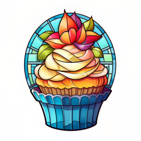 Illustration in stained glass style with a cupcake on a blue backgroundの素材