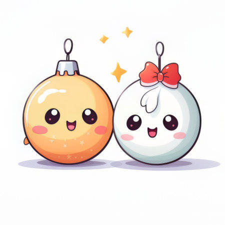 Illustration of cute cartoon christmas ball with bow on white backgroundの素材