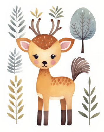 Cute little deer in the forest. Watercolor vector illustration.の素材