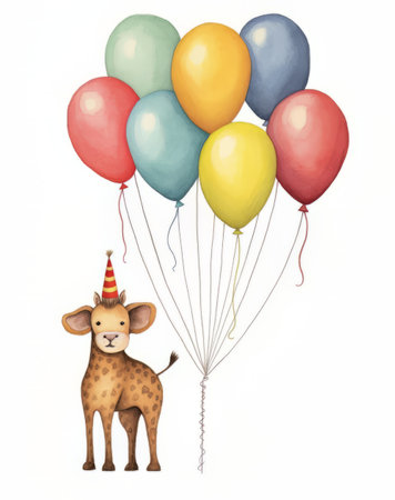 cute giraffe with balloons on white background - watercolor illustrationの素材