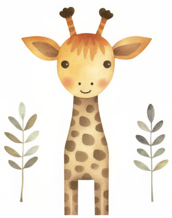 Watercolor illustration of a cute giraffe with leaves isolated on white backgroundの素材