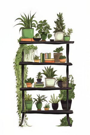 Illustration of a shelf with different houseplants on a white backgroundの素材