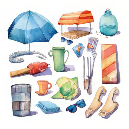 Watercolor set of camping equipment. Hand drawn illustration isolated on white backgroundの素材