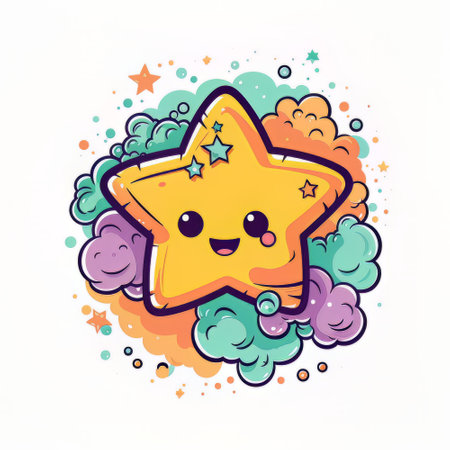 Cute star with colorful clouds and stars on white background. vector illustration.の素材